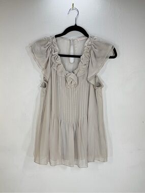 Rebecca Taylor Soft Dove Gray Ruffle Pleated Chiffon Blouse